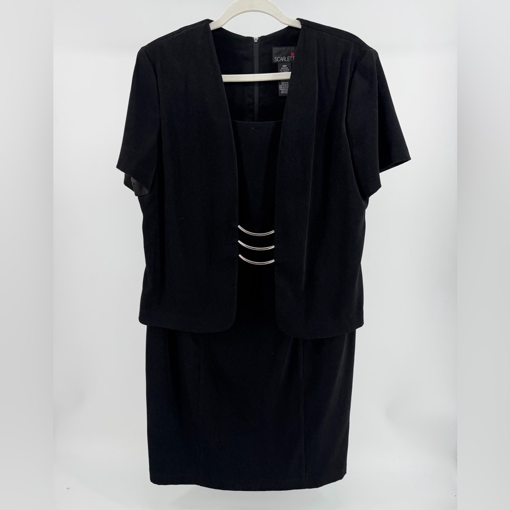 Vintage 80s 90s Scarlett Black Layered Look Dress, Silver Accents, Women's 16P